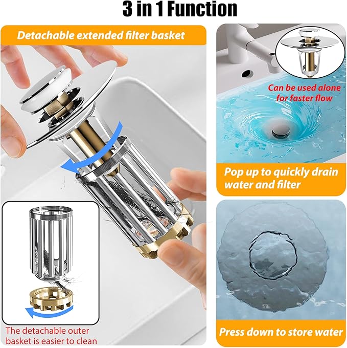 Anlige Bathroom Sink Drain Strainer, 2PCS 3 in 1 Pop Up Bathroom Sink Stopper with Removable Brass Basket Hair Catcher, Universal Sink Plug for 1.06 to 1.6in Drain Hole, Chrome Silver