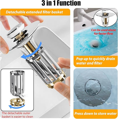 Anlige Bathroom Sink Drain Strainer, 3 in 1 Pop Up Bathroom Sink Stopper with Removable Brass Basket Hair Catcher, Universal Sink Plug for 1.06 to 1.6in Drain Hole, Chrome Silver