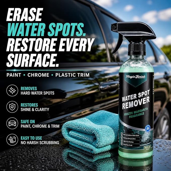 Magic Finish Water Spot Remover for Cars – Professional Hard Water Stain & Mineral Deposit Remover for Paint, Chrome & Wheels – Restores Shine & Gloss – Frozen Margarita Scent – 16oz