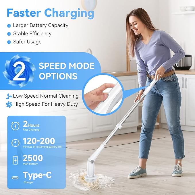 Electric Spin Scrubber, Cordless Cleaning Brush with 8 Replaceable Cleaner Brush, Power Shower Scrubber with Long Handle, Electric Scrubber for Cleaning Floor Bathroom Bathtub Tile