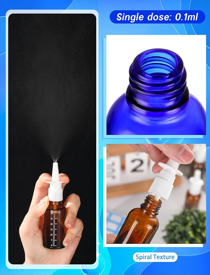 10 Pcs Nasal Spray Bottle, 10ML/0.35OZ 6Pcs Glass Empty Brown Blue Scale Nasal Nose Spray Bottles Refillable with 2 Funnels and 2 Labels