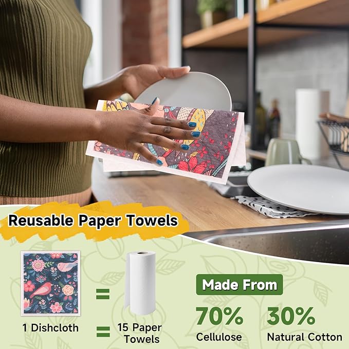 Polly Online Swedish Dishcloths for Kitchen,6 Pack Cloth Paper Towels Reusable Washable,Super Absorbent Dish Towels,No Odor,Biodegradable,Flowerbirds Design