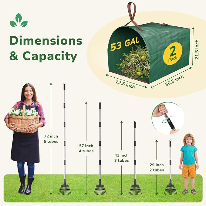 GreatBuddy Leaf Rake and Leaf Bags Combo, Adjustable Metal Garden Rake 29''-72'' 11 Tines, 2 Pack 53 Gallon Reusable Yard Waste Bags, Heavy Duty Lawn Rake with Dustpan Leaf Collector for Yard Cleanup