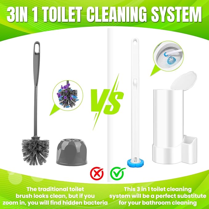 Disposable Toilet Brush and Holder Set, Toilet Wand Refills, 48 Cleaner Refills, Toilet Brush for Toilet Bowl Cleaners, Bathroom Cleaning
