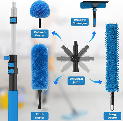 25FT Reach High Ceiling Duster Kits with 5-20FT Adjustable Pole - Includes Extra Long Duster, High Ceiling Duster, Rotatable Window Squeegee & Cobweb Duster for Ceiling Fans and Whole House Cleaning