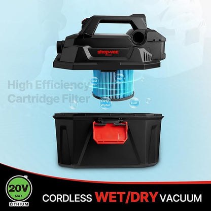Shop-Vac 5430023 20V Cordless Wet/Dry Vacuum, 2 Gallon, 1.5 Inch Diameter x 5 Foot Hose, Portable Design for Quick Cleanups in Home and Garage
