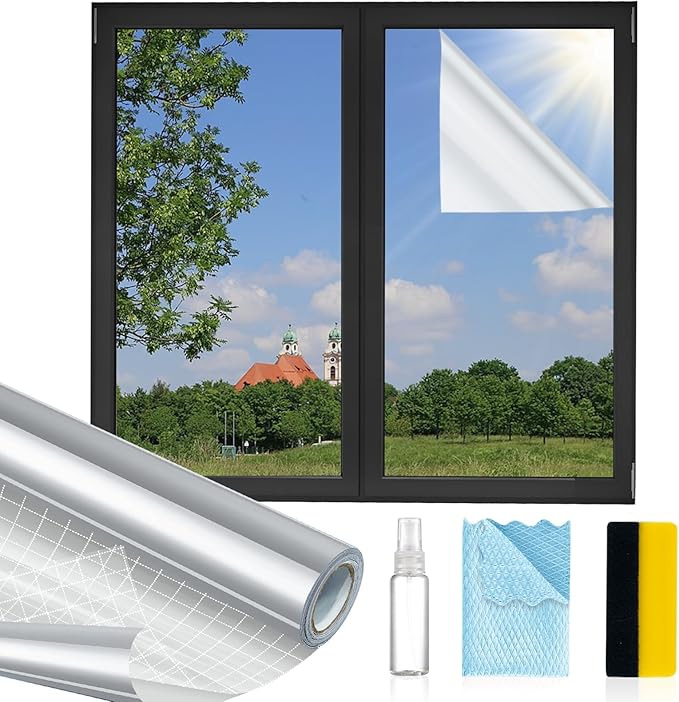 MAGIDEKOR Window Privacy Film One Way, Reflective Mirror Window Film Daytime Privacy, UV Sun Blocking Heat Control Static Cling, Window Tint for Home Office - 23.6 Inch X 6.5 Feet