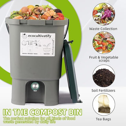 20L Bokashi Compost Bin, 5.28 Gallon Compost Bin for Kitchen Composter with Lid, Bokashi Start Kit with Bran (Tan & Dark Green) (18.8L/5 Gal Grey)