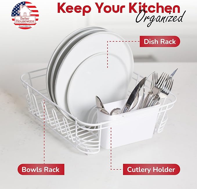 Better Houseware Dish Drying Rack, Space-Saving Dish Drainer Rack for Kitchen Counter, Kitchen Dish Strainer 2-Piece Set with Utensil Holder, White