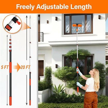 26FT High Reach Duster with Extension Pole 5-20FT, 4-in-1 Cleaning Kit with Universal Swivel Joint | High Ceiling Fan Cleaner, Cobweb Duster & Window Squeegee for Safe High-Reach Cleaning