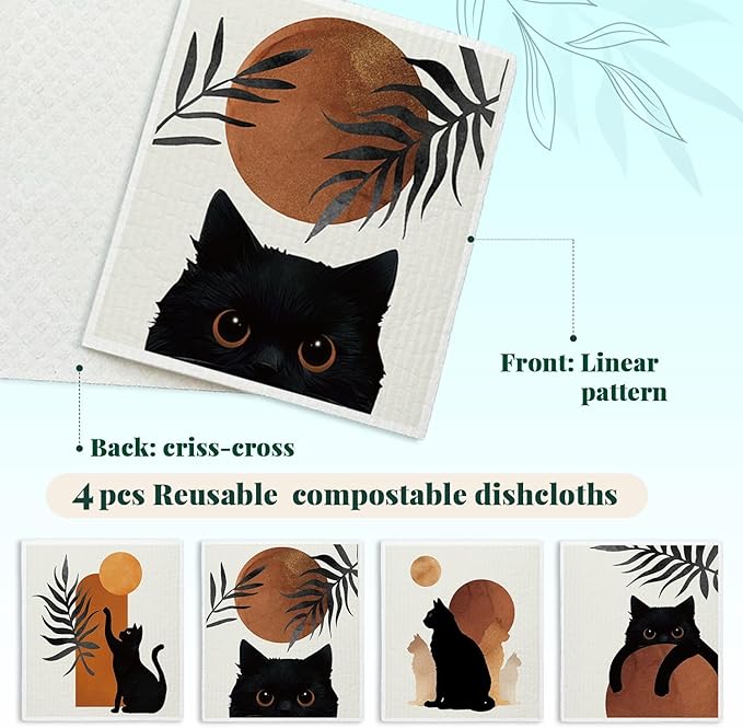 Boho Cat Swedish Dishcloths for Kitchen, Papaya Reusable Paper Towels, 4 Pack Watercolor Dish Towels for Kitchen, Swedish Dish Cloths, Reusable Paper Towels Washable