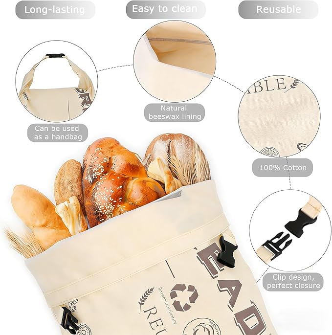 2 Pack Reusable Beeswax Bread Bags, Organic Cotton Sourdough & Baguette Storage Bag with Detachable Lining, Freezer Safe Eco-friendly Bread Fresh Keeper for Kitchen