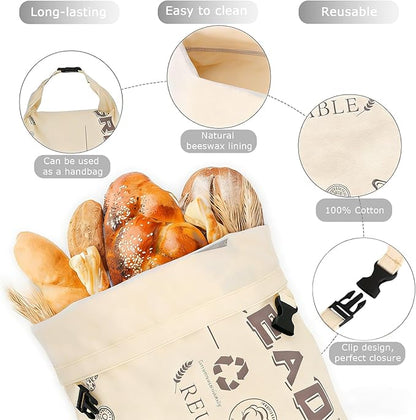 2 Pack Reusable Beeswax Bread Bags, Organic Cotton Sourdough & Baguette Storage Bag with Detachable Lining, Freezer Safe Eco-friendly Bread Fresh Keeper for Kitchen