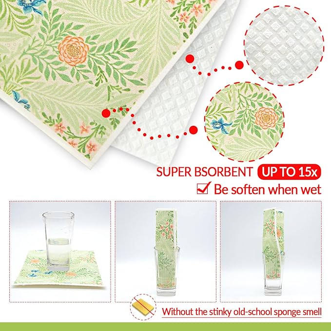 6 - Pack Swedish Kitchen Dish Cloths - Reusable Paper Towels for Counters & Dishes - Eco Friendly Cellulose Sponge Cloth (Flower Pattern)