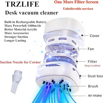 TRZLIFE USB Rechargeable Mini Desk Crumb Vacuum, Portable Cordless Desktop Cleaner for Keyboard, Desktop, Countertop, Drawer, Ideal Office Accessory Ideal Gift, White