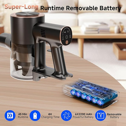 Cordless Stick Vacuum Cleaner - 45KPA Powerful Suction Vacuum with 45 Min Runtime, Detachable Battery, Anti-Tangle & 1.5L Dust Cup, 8 in 1 Vacuum Cleaner for Pet Hair, Carpet, HardFloor, Gold