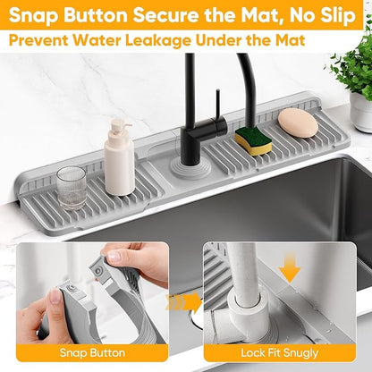 24'' Folding Faucet Mat for Kitchen Sink Splash Guard[7° Slope Fast Self-draining][Snap Lock Fit] Kitchen Sink Faucet Mat Splash Guard Kitchen Sink Area Water Splash Guard Behind Faucet Draining Mat