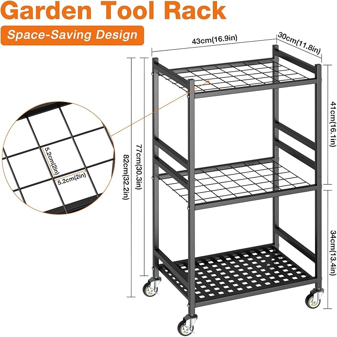 Heavy Duty Garden Tool Rack with Wheels Freestanding Organizer Holds Up to 40 Long Tools – Rakes, Shovels, Brooms, Metal Yard Tool for Garage, Shed & Outdoor Storage, Black