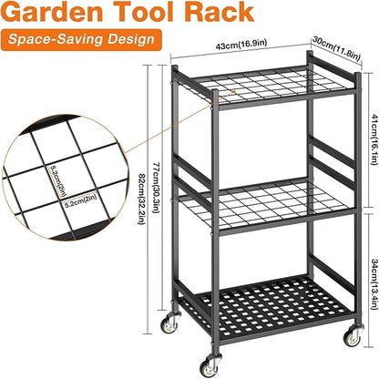 Heavy Duty Garden Tool Rack with Wheels Freestanding Organizer Holds Up to 40 Long Tools – Rakes, Shovels, Brooms, Metal Yard Tool for Garage, Shed & Outdoor Storage, Black