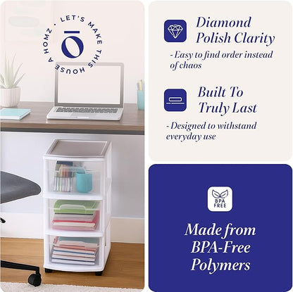 HOMZ Drawer Tower, 3-Tier Rolling Storage Cart with Removable Wheels, White Frame – Plastic Organizer with Clear Bin Drawers for Bedroom, Bathroom, Home Office, and Dorm Room