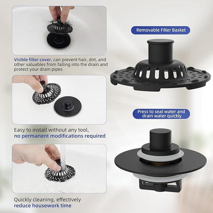 Metal 2 Pack Bathtub Drain Stopper with Top Hair Catcher, 3 in 1 Pop-up Bathtub Strainer, Tub Stopper with Detachable Stainless Steel Filter Basket for Standard 1.5 to 2.4'' Drain, Matte Black