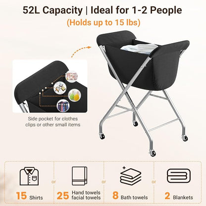 ELYKEN Laundry Cart with Wheels, 32”H Easy Rolling Laundry Hamper with Removable Liner Bag, Sturdy Metal Frame Clothes Basket with 4 Casters and 2 Brakes