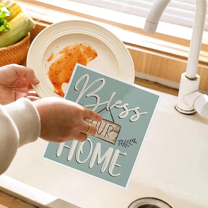 Bless This Home Swedish Dishcloths for Kitchen, Christian Swedish Dish Cloths, 4 Pack Reusable Paper Towels, Cotton and Wood Pulp, 6.7 x 7.5 inches
