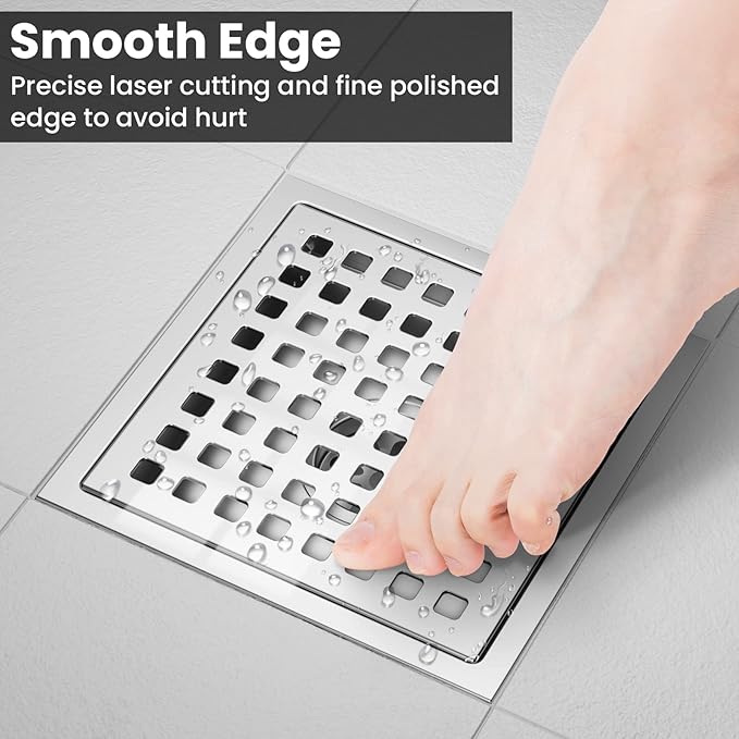 EXF 6 Inch Square Shower Drain Chrome, Stainless Steel Shower Floor Drain Kit with ABS Flange, Removable Grid Cover, Hair Strainer
