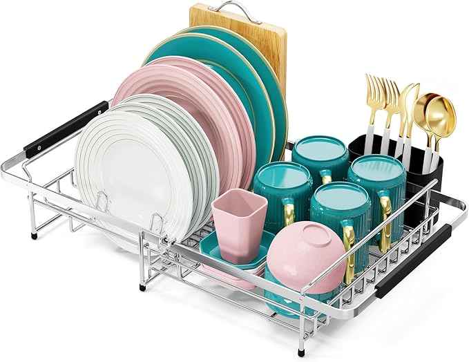Urackify Expandable Stainless Steel in Sink Dish Drying Rack, Dish Rack Over Sink, Rustproof Dish Drainer for Kitchen Counter, Dish Strainer with Utensil Holder, Fit Sink for 13"-18", Silver