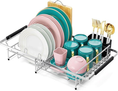 Urackify Expandable Stainless Steel in Sink Dish Drying Rack, Dish Rack Over Sink, Rustproof Dish Drainer for Kitchen Counter, Dish Strainer with Utensil Holder, Fit Sink for 13"-18", Silver