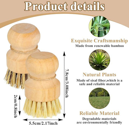 8 Packs Bamboo Dish Scrub Brushes Natural Palm Wooden Scrubbers Set Kitchen Dishwashing Scrubber with Natural Sisal Bristles for Iron Pot Pan Sink (Round)