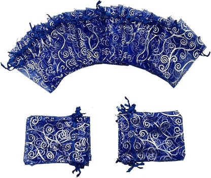 100 Pieces Per Pack 5x7 inch Gift Wrap Bags Blue Rattan, Organza Sheer Transparent Fabric, Drawstring Treat Bags for Baby Shower Favor, House Party Favors, Bridal Shower Favors, Lipsense Holder, Toys