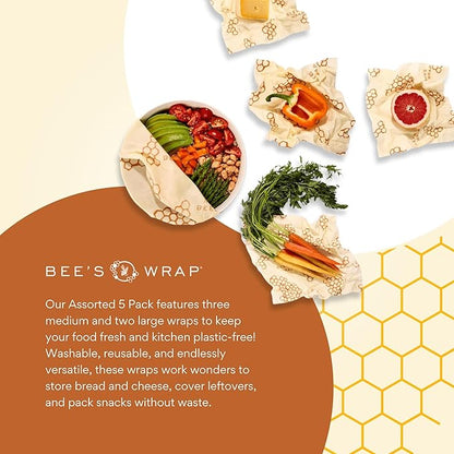 Bee's Wrap Beeswax Wraps for Food - Assorted 5 Pack of Beeswax Wraps - 2 Large & 3 Medium Wrap - Plastic Free Made in USA Reusable Natural Food Wrap - Honeycomb Print