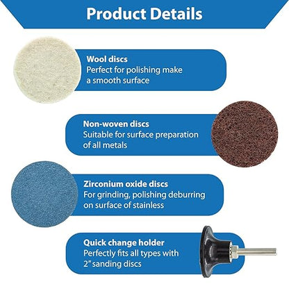 TJR® 2" Quick Change Discs Type R 35PCS Set with 1/4" Holder Roll Lock Type for Die Grinder – Ideal for Surface Conditioning, Burr Removal, Deburring, Grinding, Polishing, Rust and Paint Removal