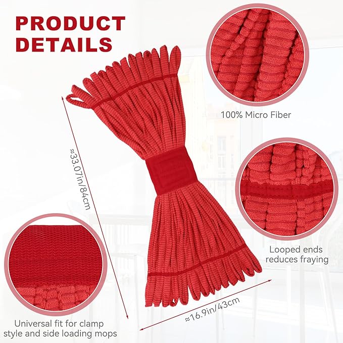 Heavy Duty Commercial Mop Head Replacement for Rubbermaid: 3 Packs 14oz Microfiber Tube Lint Free Industrial Heavy Duty Mop Head for Floor Cleaning - Super Absorbent & Bleach-Safe (Red)