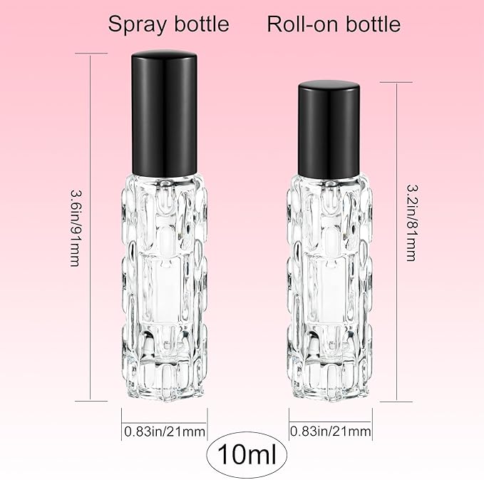6 Pack Glass Bottles, 3×10ml Roller Bottles & 3×10ml Fine Mist Spray Bottles, Refillable Travel Containers for Essential Oils, Perfume, Liquids (Black Caps)