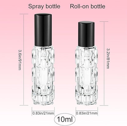 6 Pack Glass Bottles, 3×10ml Roller Bottles & 3×10ml Fine Mist Spray Bottles, Refillable Travel Containers for Essential Oils, Perfume, Liquids (Black Caps)