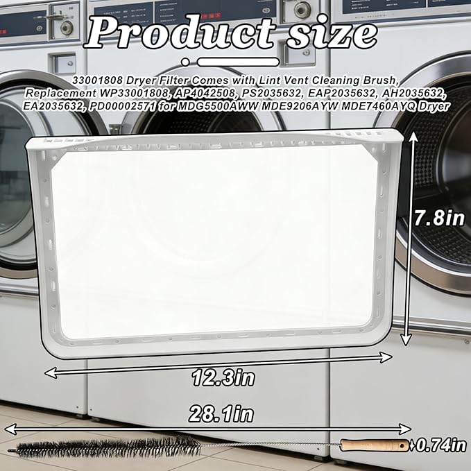33001808 Dryer Filter Comes with Lint Vent Cleaning Brush, Replacement WP33001808, AP4042508, PS2035632, EAP2035632, AH2035632, EA2035632, PD00002571 for MDG5500AWW MDE9206AYW MDE7460AYQ Dryer