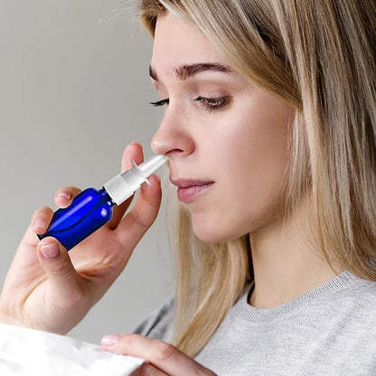 120 Pcs Nasal Spray Bottle, 1OZ/30ML Bule Empty Glass Nasal Spray Bottles Refillable with 24 Funnels and 24 Labels