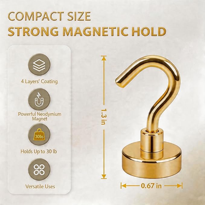 Neosmuk Magnetic Hooks, Heavy Duty 30lb+ Strong Magnet Hook for Cruise Cabins, Cruise Ship Essentials for Hanging, Metal Wall Refrigerator Hangers (Gold, 10 Pack)