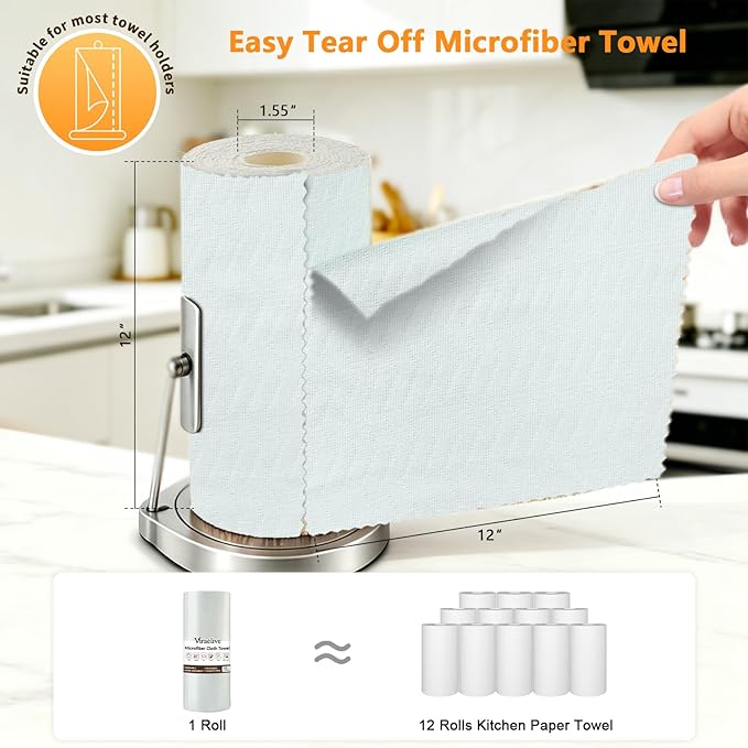 Microfiber Cleaning Cloth Roll, 50 Tear-Away Sheets, Reusable & Washable, Lint-Free, Non-Scratch, Highly Absorbent Towels for Kitchen, Home, Windows & Screens, Green Wave Pattern, 12x12 in