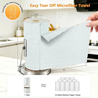 Microfiber Cleaning Cloth Roll, 50 Tear-Away Sheets, Reusable & Washable, Lint-Free, Non-Scratch, Highly Absorbent Towels for Kitchen, Home, Windows & Screens, Green Wave Pattern, 12x12 in