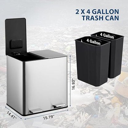 Kitchen Trash Can, 2x4 Gallon Rectangular Kitchen Waste Bin, Dual Separate Compartment Recycle Bin with Removable Plastic Inner Buckets, Soft Step-on with Lid