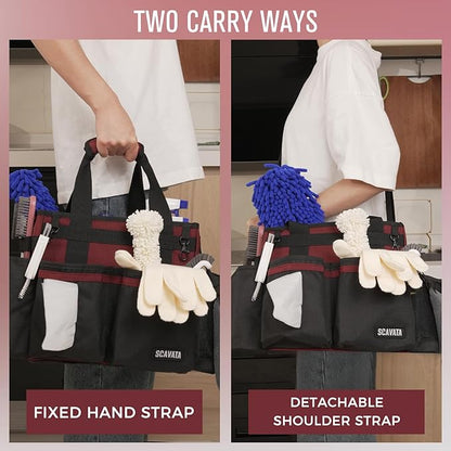 SCAVATA Compact Wearable Cleaning Caddy, Small Cleaning Caddy Supplies Organizer with Handle & Shoulder Straps for Housekeepers, Under Sink & Car Cleaning Tool Organizers Bag (AncoraRed)