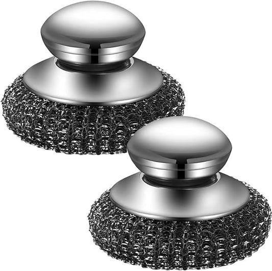2Pack Steel Wool Dish Scrubber, Stainless Steel Dish Brush with Ergonomic Stainless Steel Handle, for Cleaning Dishes, Cast Iron, Stock Pots, Pans, Griddles, Grills