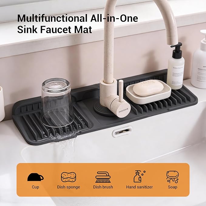 ZJWZLG Faucet Mat for Kitchen Sink, 17.7"X5.5" Silicone Sink Splash Guard with Soap Holder, Snap-On Design & 7°slope Fast Drain, Folding Sink Faucet Mat for Universal Kitchen Bathroom Sink（Black）