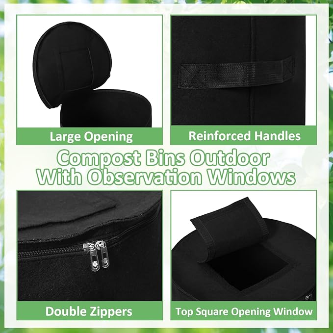 Compost Bins Outdoor, 34 Gallon Home Compost Bucket with Handles, Heavy Duty Nonwoven Fabric Yard Waste Bag, Collapsible Felt Pouch for Leaves, Grass, and Kitchen Scraps