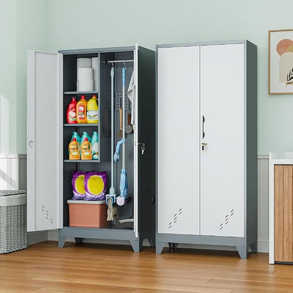 VASAAOSD 61" Broom Closet Storage Cabinet, Metal Storage Cabinet with Doors, Utility Cabinets for Brooms and Mops, Cleaning Tool Cabinets for Garage, Laundry Room, Bathroom (White)