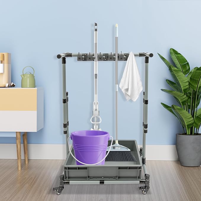Broom and Mop Holder, Movable Floor-Mounted Mop Rack, Adjustable Height Freestanding Cleaning Tool Cart, Cleaning Supplies Organizer Holder w/10 Mop Slots for Garage Schools Hospitals Hotels
