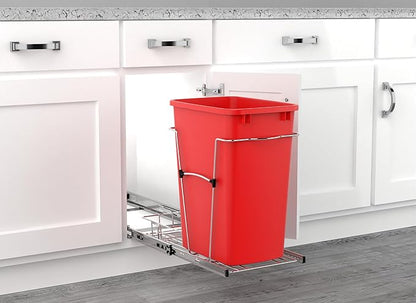 Rev-A-Shelf Pullout Trash Can for Kitchen Cabinets 35 Qt Garbage Waste Recyling Bin with Full Extension Slides, Red, RV-12KD-16C-S
